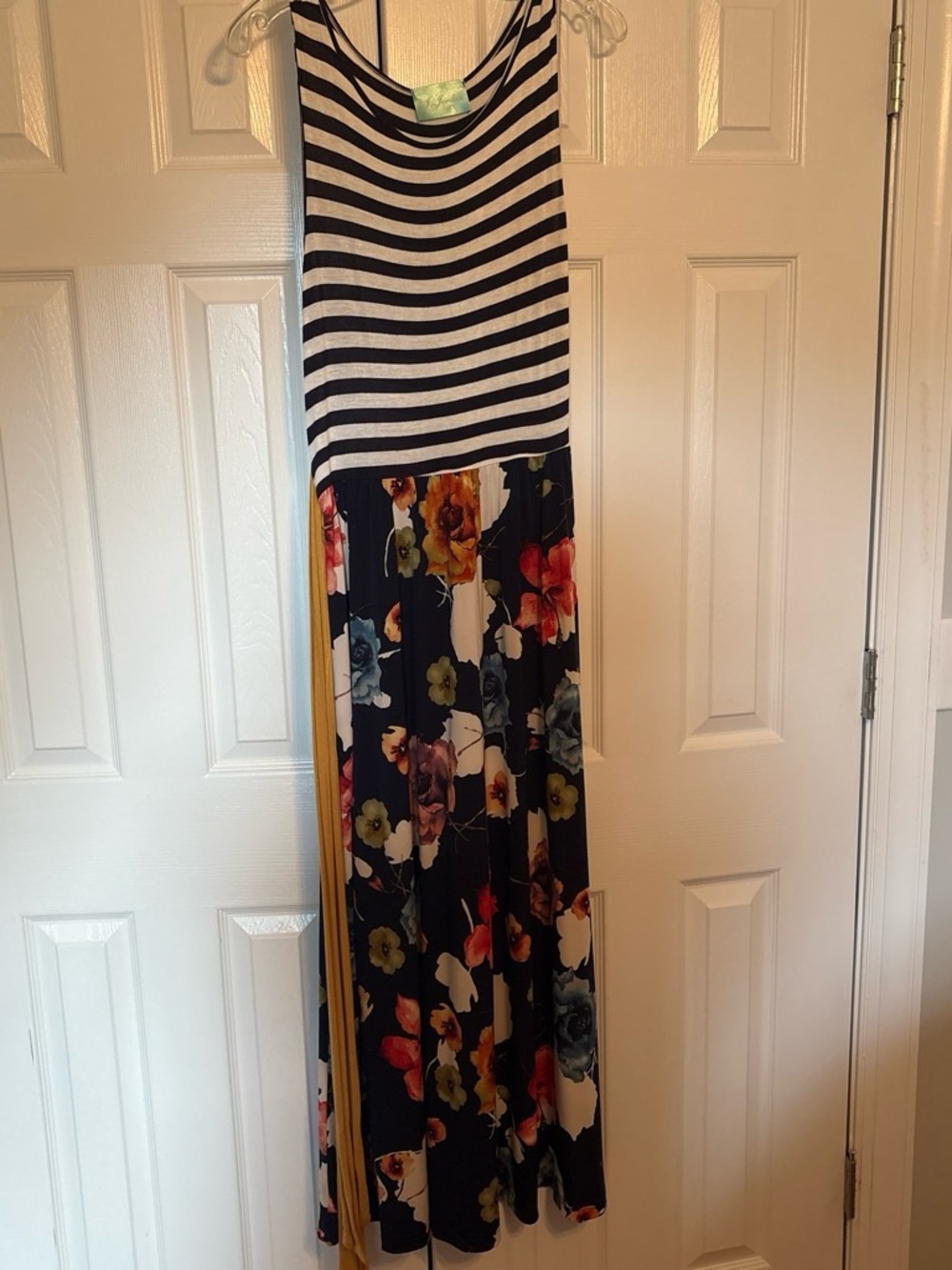 Striped Navy & White Top with Floral Black Maxi Dress- Women's Dress